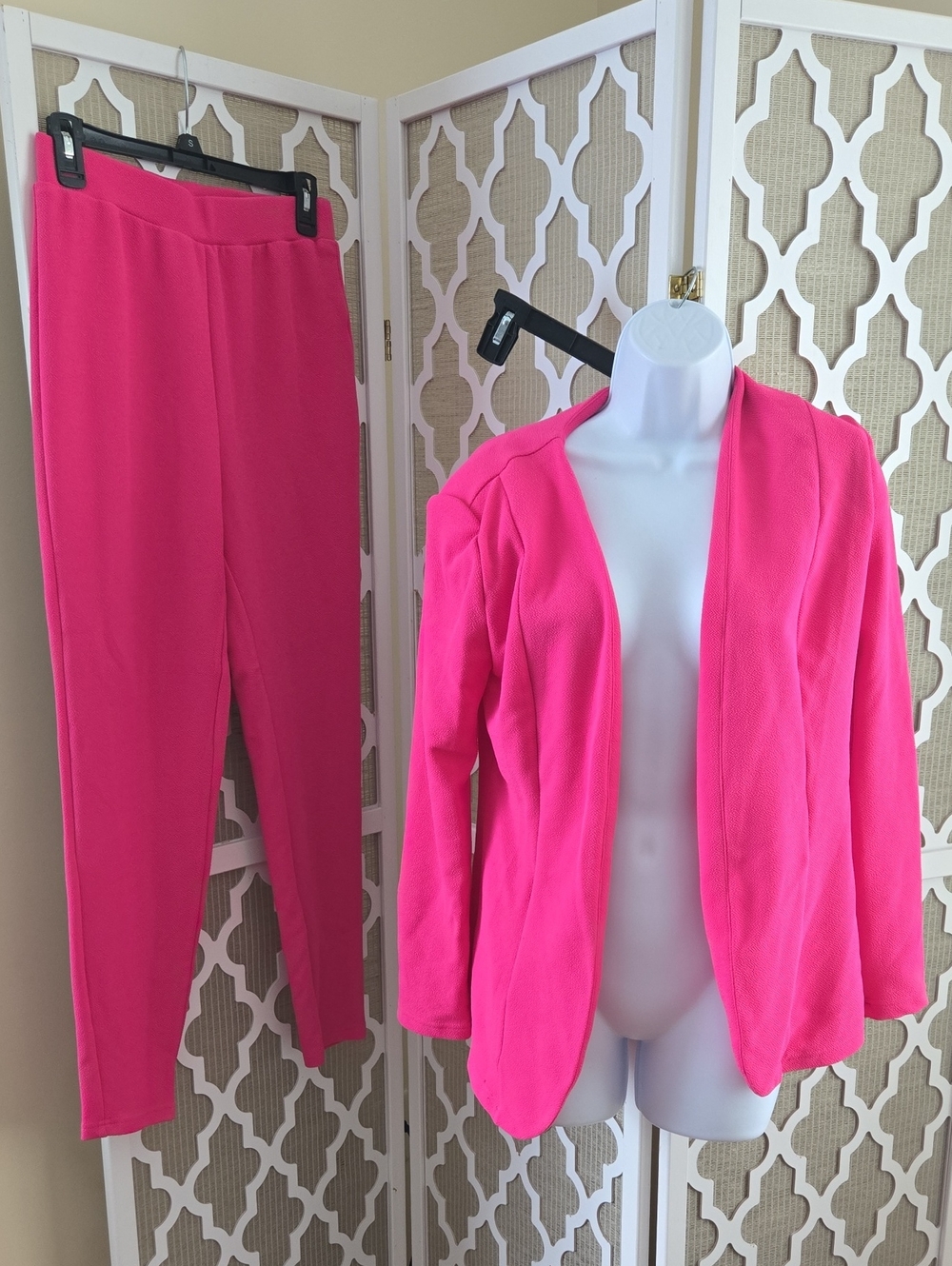 SHEIN Bright Hot Pink Ponte Pants & Open-Front Blazer Set